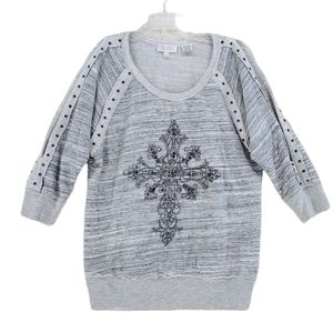 Miss Me Gray Sweater L Lightweight Top Rhinestone Cross Metal Stud Embellishment